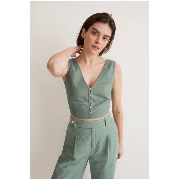 Madewell Tops - Madewell 100% Linen Gwen Crop Vest top size 8 boho in Sage Green festival neutra